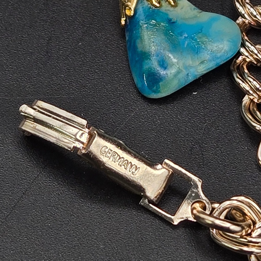 Vintage Germany Gold Tone Double Link Multi Color Tumbled Stone Charm‎ Bracelet - Picture 5 of 7